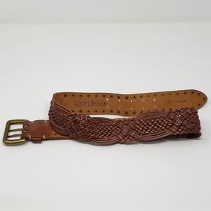 Lucky Brand 34 inch Wide Band Braided Belt with Brass Tone Details, Brown Genuin
